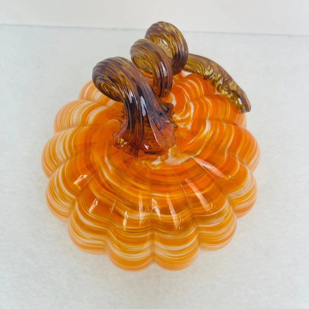 Hand Blown Glass Pumpkin Orange White Swirl Amber Curly Stem Fall Decor 5x4